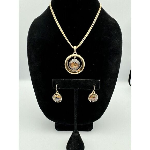 Gold Tone Faux Faceted Mother Pearl Triple Strand Snake Chain Necklace Earrings‎ - Picture 1 of 11